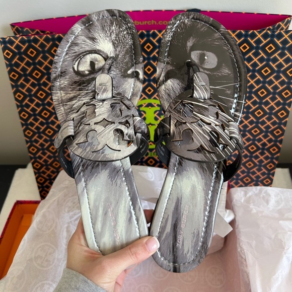 Tory Burch Miller Printed Patent Sandal Cat Portrait Size 9 - Picture 1 of 11